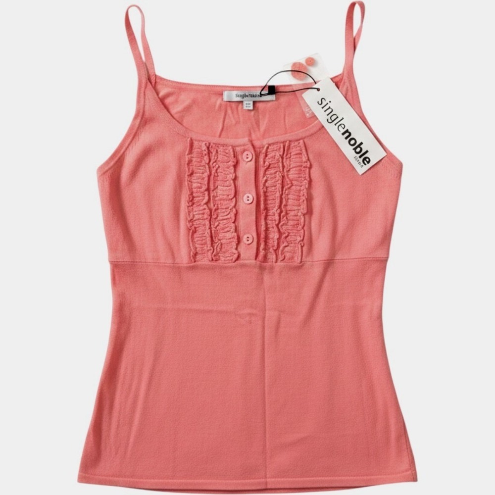 Ruffle Henley Coral Camisole Tank Top Buttons Soft Knit Boho Feminine NWT Small